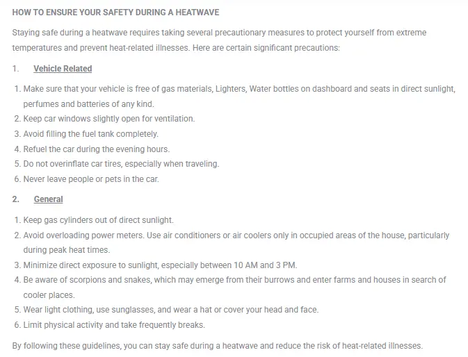 Screengrab of the heatwave advisory on the Civil Defence Directorate website.