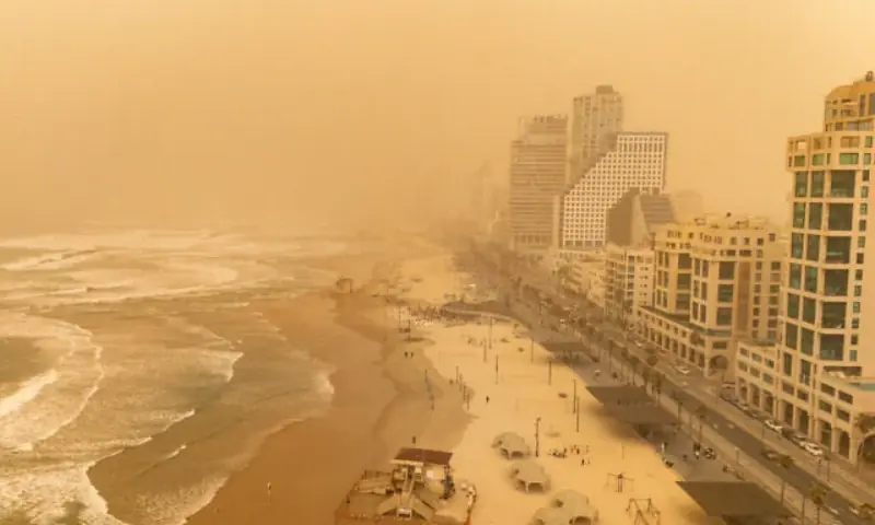 The beach in Tel Aviv during a dust storm, February 14, 2026. — Times of Israel