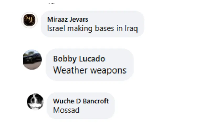 Screengrab from the comments section of videos showing the recent dust storm in Iraq.